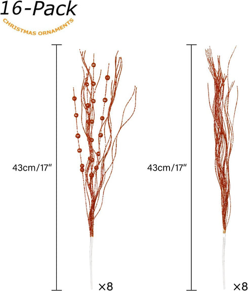 SLKING STORE 16-Pack SLK Artificial Glitter Berry Stem Ornaments, Christmas Decorative Glittery Twigs, Picks, Branches