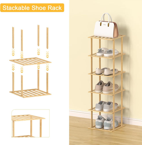 Bamboo Shoe Rack, Vertical Narrow Shoe Rack for Small Spaces, Space Saving Storage for Front Door Entrance, Closet,