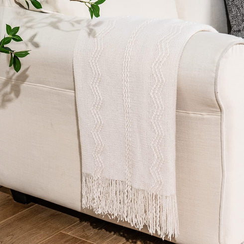 BATTILO HOME Boho Cream Throw Blanket for Couch, Decorative White Blanket Throw for Sofa Living Room, 50"x60"