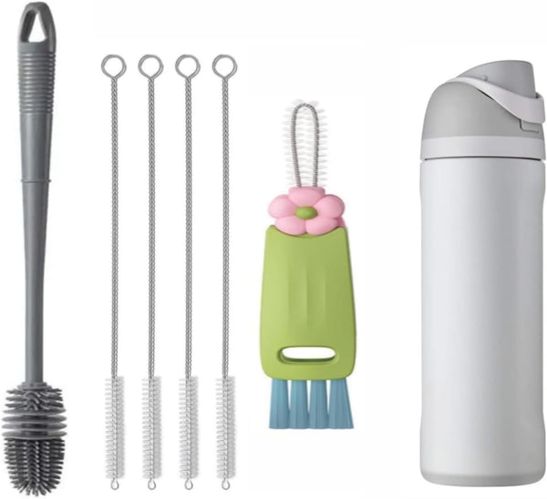 Straw Cleaner Brush for Owala FreeSip 24oz/32oz/40oz, Silicone Long Handle Bottle Brush with 3 in 1 Cup Lid Cleaning