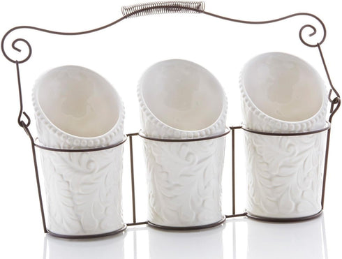 Kitchen Tool Crock Set, 4 Pieces - 3 Ceramic Utensil Holders & 1 Metal Caddy, White & Embossed Design
