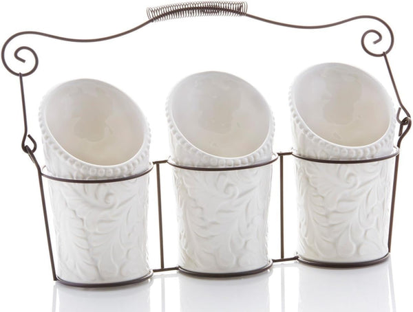 Kitchen Tool Crock Set, 4 Pieces - 3 Ceramic Utensil Holders & 1 Metal Caddy, White & Embossed Design