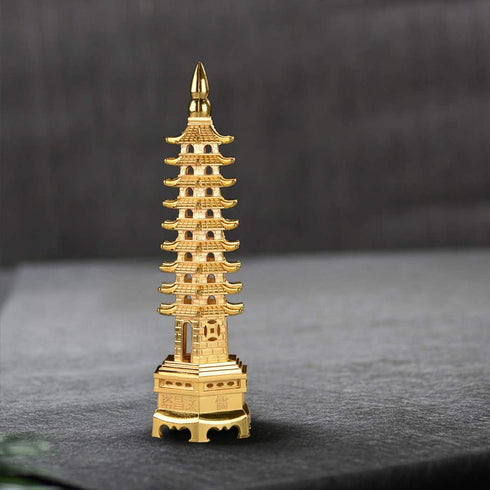 BRABUD 7'' Alloy Fengshui 9 Level Pagoda Wenchang Tower Statue, Protection Business Rises Desk Decor, Golden Color