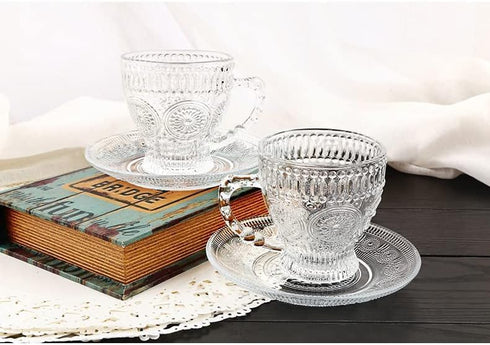 7 Oz Set 6 cosnou Vintage Glass Tea Cups with Saucers, Glass Mugs of Espresso Coffee Embossed Glassware with Handle