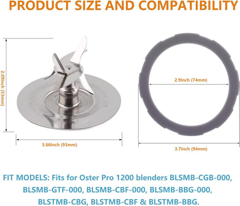 Replacement Blender Parts for Oster Pro 1200, Includes Stainless Steel Cutter Blade and 2Pcs Silicone Rubber Gaskets