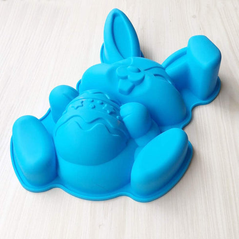 Bunny Holding Egg Cake Pan, BPA Free, Non-Stick Rabbit Silicone Bakeware Mold for Easter Cake