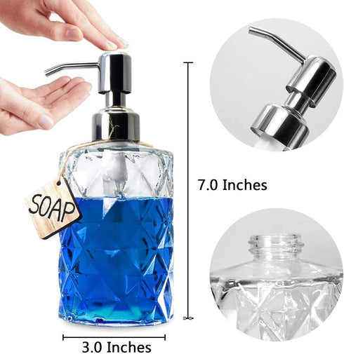 JASAI Diamond Design 12 Oz Glass Soap Dispenser, Kitchen and Bathroom with Stainless Steel Pump