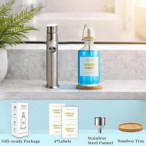 Gelury Set 350ml/11.8oz Countertop, Glass Mouthwash Dispenser with Cup & Bamboo Tray, Refillable Mouth Wash Bottle