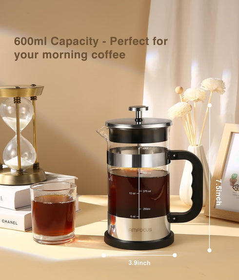 French Press Coffee Maker - 21OZ Classic Glass Coffee Press, Heat-Resistant Borosilicate Glass Coffee Pot