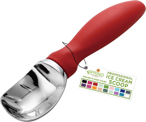 Spring Chef Ice Cream Scoop with Soft Grip Handle, Professional Heavy Duty Sturdy Scooper, Red