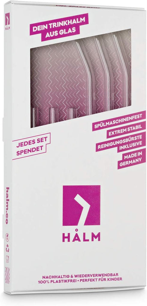 HALM Glass Straws - Variety Pack: 6 Reusable Drinking Straws in 2 Sizes + Plastic-Free Cleaning Brush, Eco-Friendly,