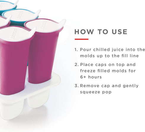 Zoku Summer Pops - 6 Squeezable Silicone Molds with Reusable Spill-resistant Lids and Tray