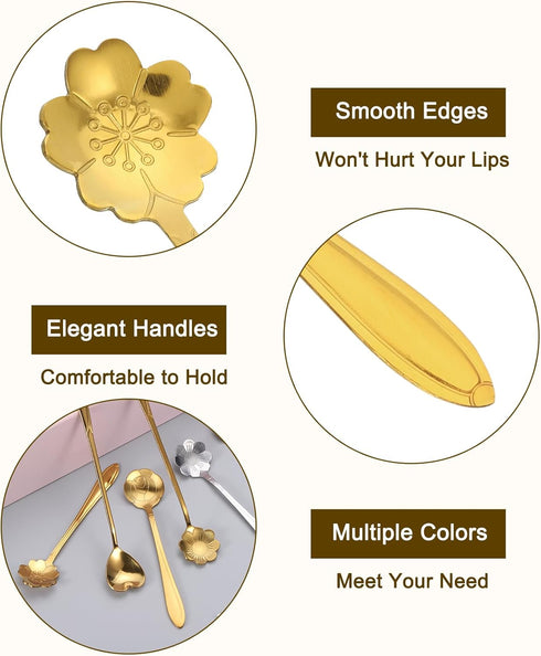 uxcell 4Pcs Gold Stainless Steel Flower Spoons, 5 Inch Cherry Blossom Shape Coffee Spoon for Espresso, Dessert