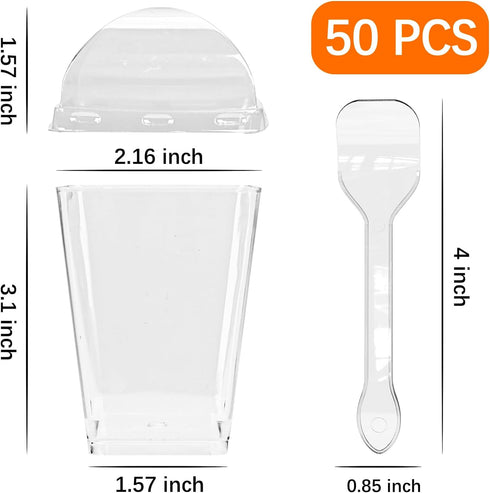 50 Pack 5oz YunKo Square Clear Plastic Dessert Cups with Lids and Spoons,Mini Parfait Cups for Yogurt, Jello