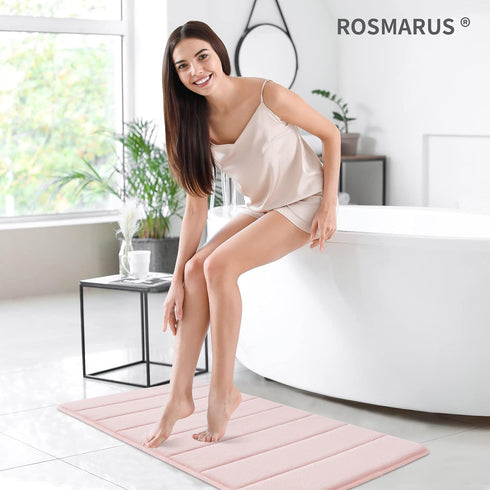ROSMARUS Memory Foam Bath Mat 17” x 24”, Non Slip Washable Bathroom Rugs, Ultra Soft for Shower, Pink