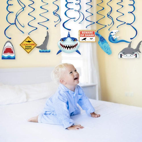 30Ct Shark Hanging Swirl Decorations, Ocean Birthday Theme, Under The Sea Party Supplies for Kids Decor