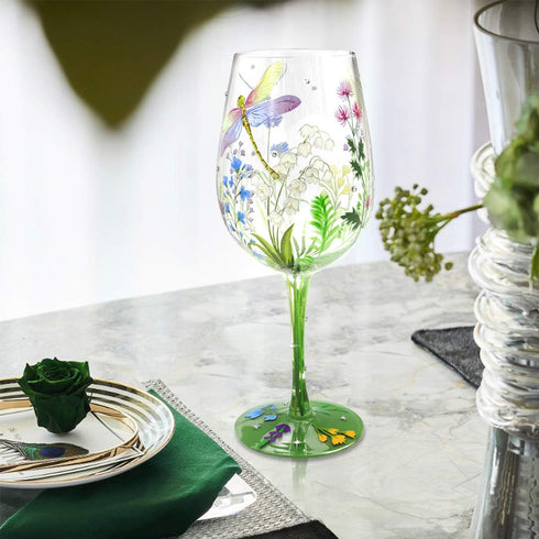 NymphFable Hand Painted 15 oz Wine Glass, Colorful Dragonfly Flower Artisan Gift for Birthdays, Weddings, Valentine's