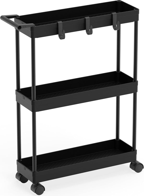 Simple Houseware 3-Tier Slim Kitchen Cart, Super Narrow with Handle, Hooks, and Storage Shelves, Black