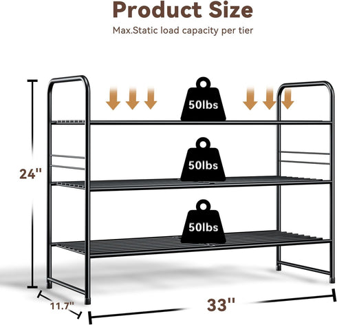 3 32.5" Tier Shoe Rack, Wide Shoe Organizer Sturdy Metal for Entryway, Garage, Shoe Shelf Stand for Small Space