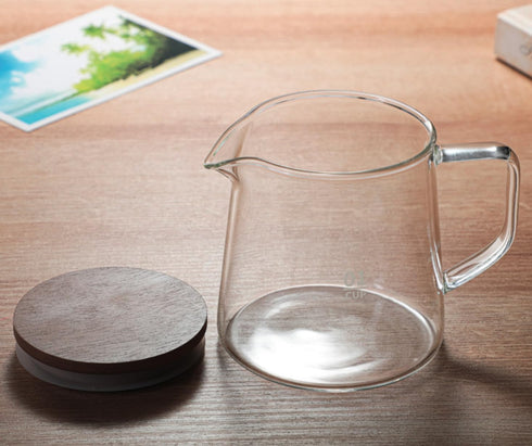 Elegant Clear Glass Creamer Pitcher, Coffee Pot Serving Set with Handle and Wooden Lid, Smooth, 10 OZ