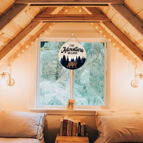 LHIUEM The Adventure Begins Wooden Hanging Sign, Bear Mountain Inspirational Quotes for Home Cabin Decor, 12”X 12”