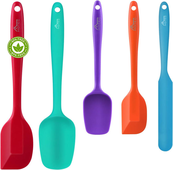 HOTEC Heat Resistant 600? Food Grade Silicone Rubber Spatula Set, Non Stick, Dishwasher Safe, Multicolor Set of 5