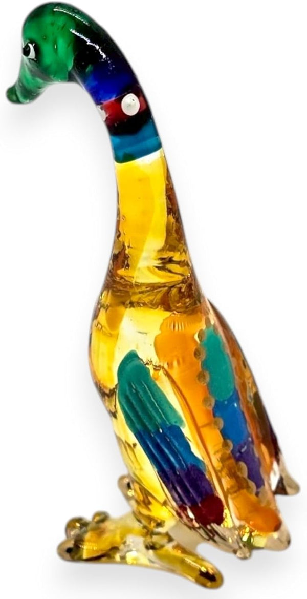 Tiny 2½" High Multicolor Standing Goose Figurine - Miniature Hand Blown Painted Glass Birds Decorative Collectible