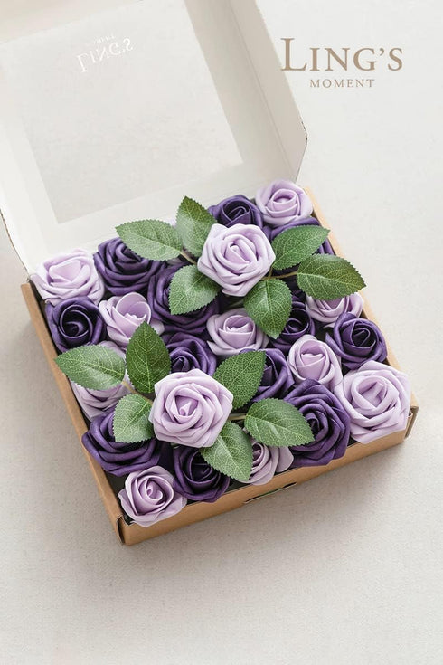 Ling's moment Artificial Wedding Flowers - 25pcs 1.5" Rose Buds and 2" Petite Roses in Lilac & Purple for DIY