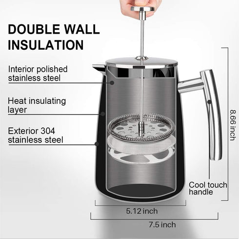 34-Ounce, 304 Secura French Press Coffee Maker, Stainless Steel Insulated Coffee Press with Extra Screen
