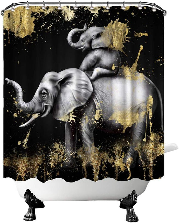 FuShvre Elephant Shower Curtain, Black and Gold Bathroom Decor with Hooks Included, 72"x 72"