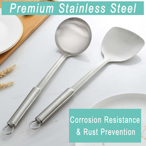 Pleafind 2-Pcs Cooking Utensils Set, Stainless Steel Ladle and Spatula, Soup Ladle and Wok Spatula for Home and