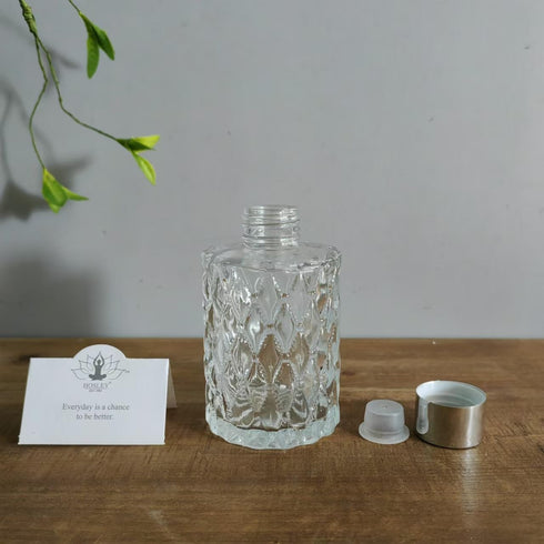 Hosley Set of 4 Mid Century Modern Glass Diffuser Bottles, 4 Inch High, Ideal for Essential Oils & DIY Crafts, O3 Silver