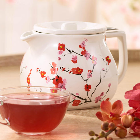 24 oz. Tea Forte Fiore Sakura Cherry Blossom Ceramic Teapot with Removable Stainless Steel Infuser Basket and Lid