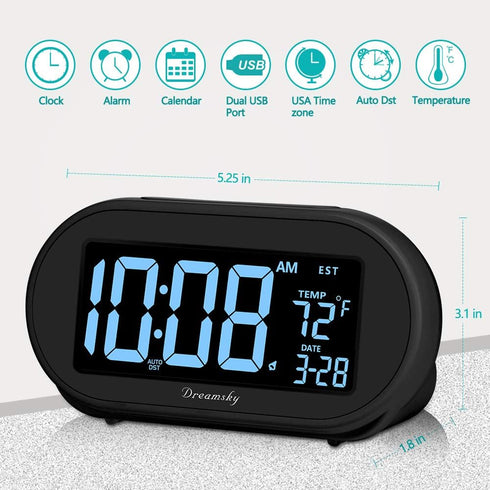 DreamSky Alarm Clocks for Bedrooms - Auto Set Digital Desk Clock with Dimmable Brightness, USB Port, Snooze