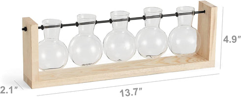 (5 Bulb Mkono Plant Terrarium with Wooden Stand, Wall Hanging Glass Planter Desktop Plant Propagation Vase with Metal