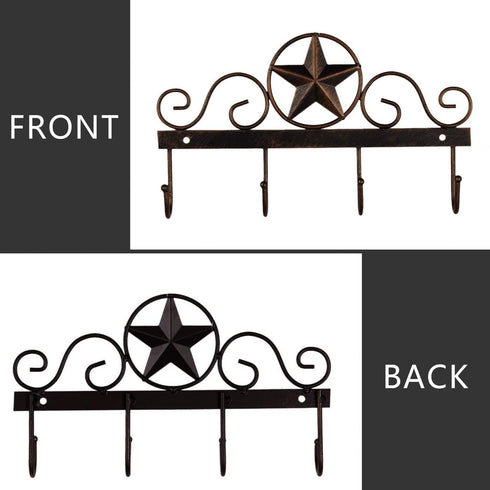 Metal Barn Star Key Rack Holder, Wall Mounted Decorative Key Holder with 4 Hooks, Dark Brown