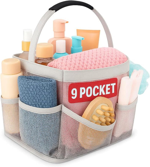 Masirs Mesh Shower Caddy Bag, Large Collapsible Organizer for Travel, Gym & Dorm, 9 Pocket (Grey)
