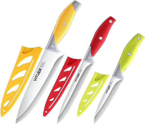 Chef Knife Set, 3PCS Multicolor Stainless Steel Kitchen Knives, 8" Chef's, 4.5" Utility, 4" Paring Knife (3Pack)