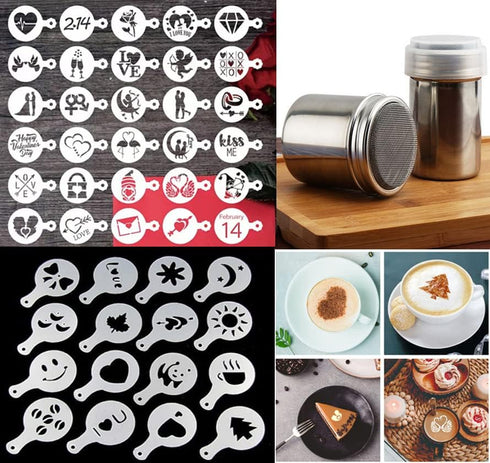 46 Coffee Stencils + 2 Steel Mesh Powder Shaker, Magnoloran Valentine's Day Stencils for Cookies, Baking Painting Mold