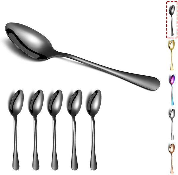 Kyraton 6-Piece 8" Stainless Steel Table Spoon Set, Titanium Black Plating, Gold Soup & Dessert Spoons