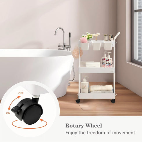 3 danpinera Storage Cart on Wheels, Tier Slim Laundry with Wheels Bathroom Organizer with Hanging Cups Hooks Dividers