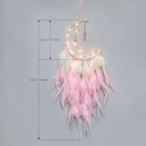 Dremisland Moon Dream Catcher with Fairy Lights-Handmade Feather Lucky Turquoise Pendant Beads Wall Hanging Ornament