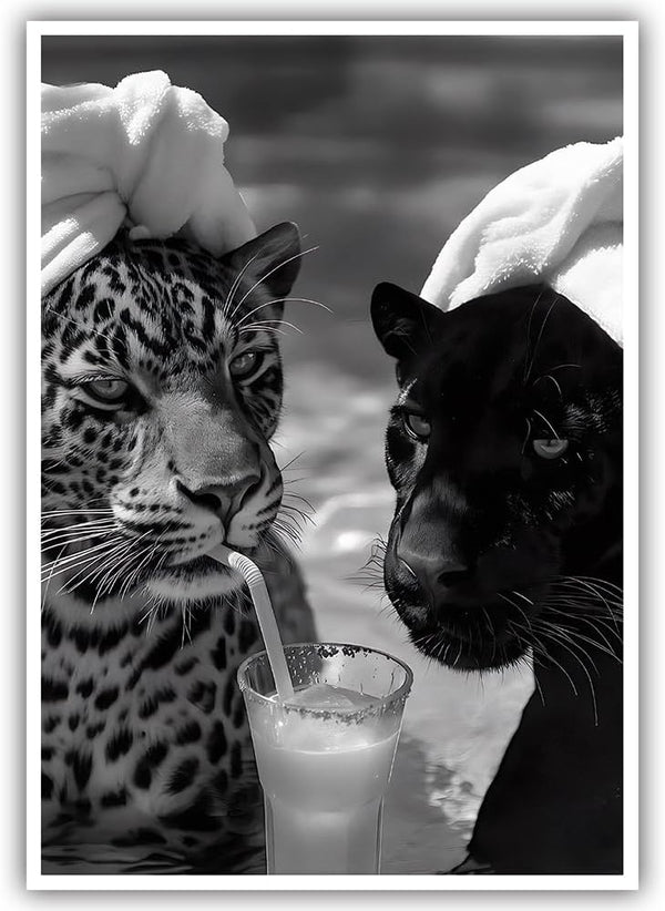 Exaricucer Vintage Black and White Wall Art Posters Funny Cheetah and Jaguar Drink