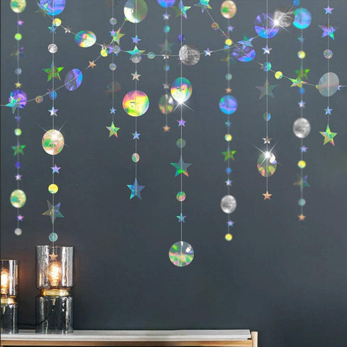 Cheerland Iridescent Star Garland Decorations, Holographic Hanging Stars Moon Party Decoration for Galaxy Birthday,