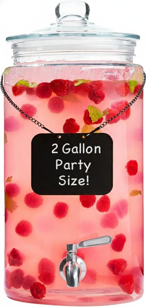 2 Gallon Glass Drink Dispenser with Spout for Parties - Tall Airtight
