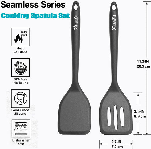 Silicone Spatula Turner Set, High Heat Resistant Spatulas with Seamless One Piece Design, Nonstick Rubber Flippers Utensils for Baking & Cooking,BPA-Free, Black,11 IN by XiaoZu