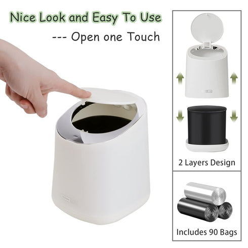 Mini Desktop Trash Can with Lid, 90 Trash Bags, Press-Type Countertop Wastebasket for Bathroom, Bedroom