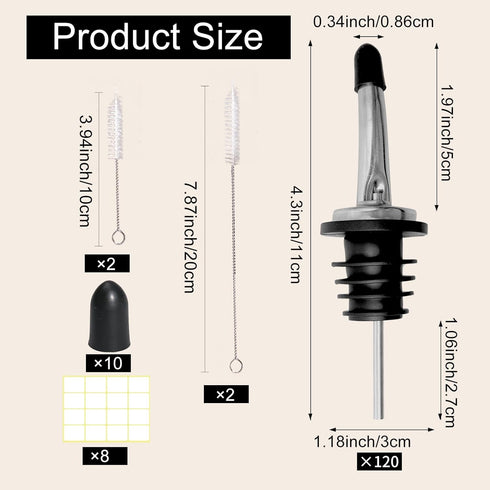 120 Pack Stainless Steel Bottle Pourers Tapered Liquor Pourers with Rubber Dust Caps Tapered Pour Spouts for Liquor
