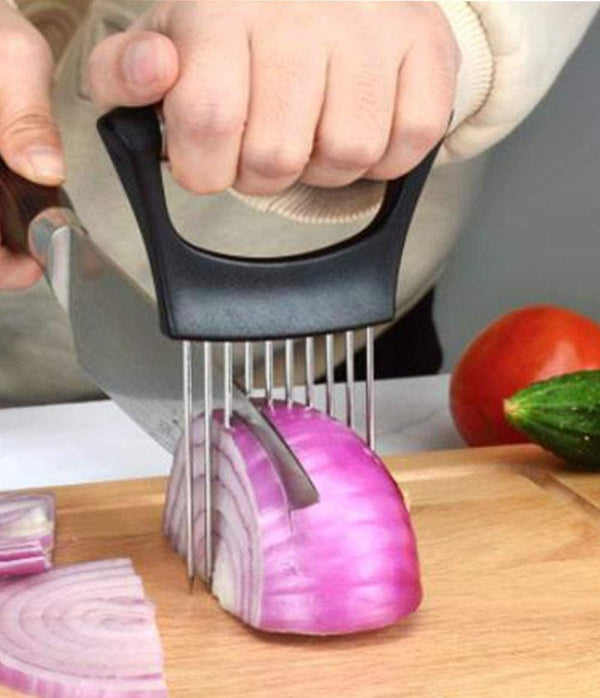 BeeSpring Meat Slicer, Food Slice Assistant Onion Holder Slicer, Stainless Steel Kitchen Gadget for Cutting and Peeling
