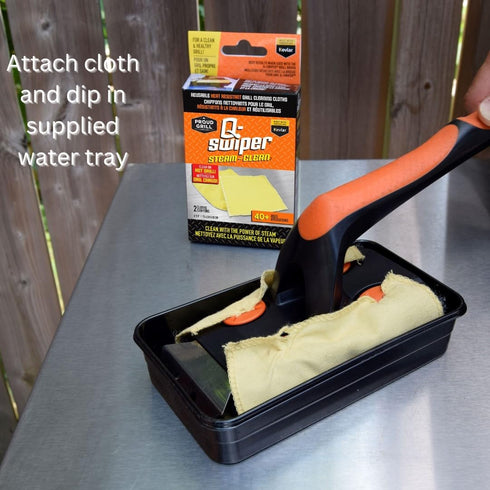 Set 1 2 1 Proud Grill Q-Swiper XL Steam-Clean BBQ Grill Cleaner - Bristle & Wire-Free Brush with Scraper, Kevlar Steam